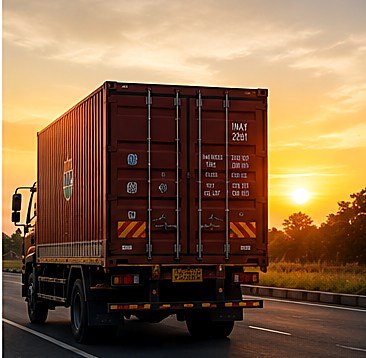 Container truck on the highway at sunset