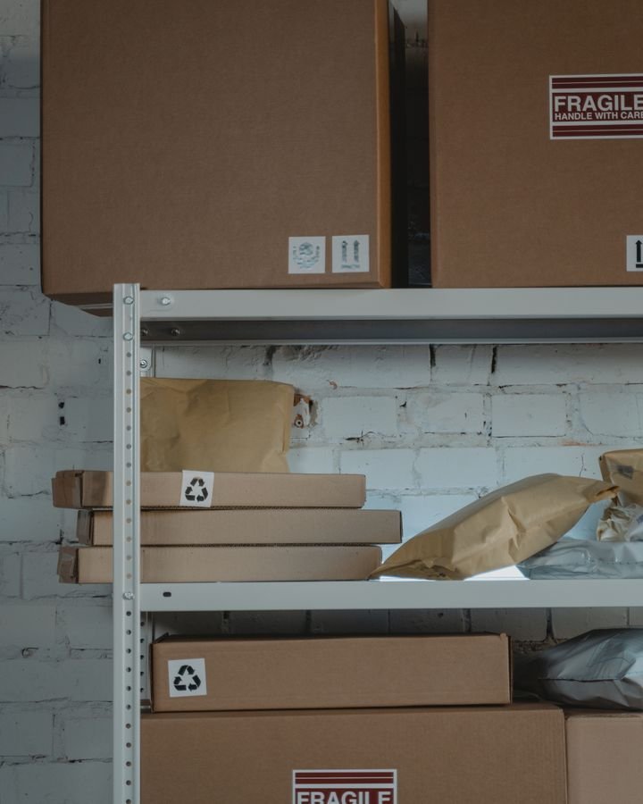 E-commerce parcels on warehouse shelving