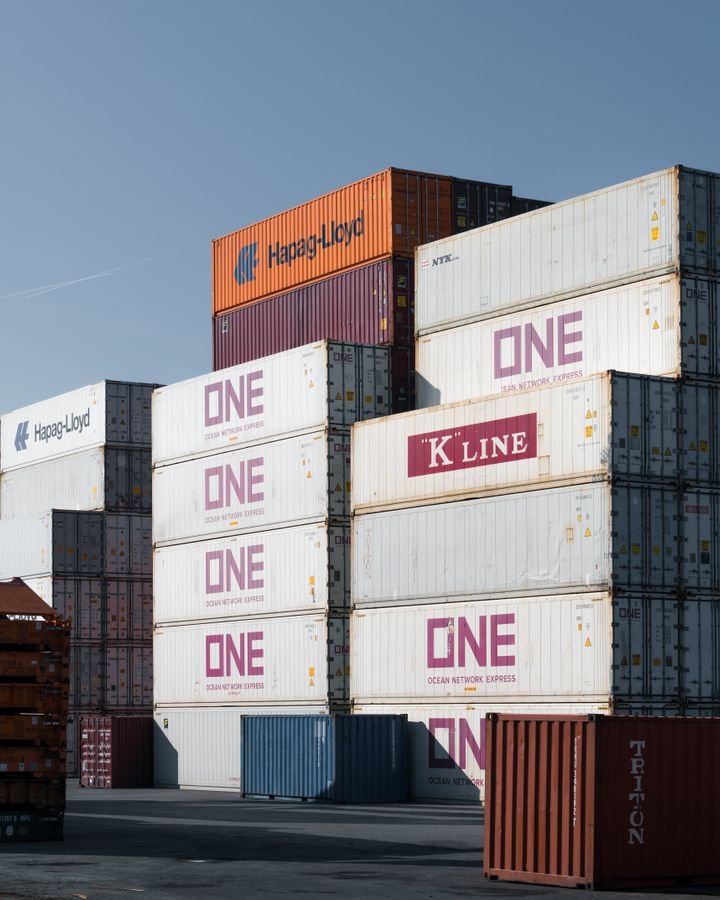 Stacked cargo containers in a yard
